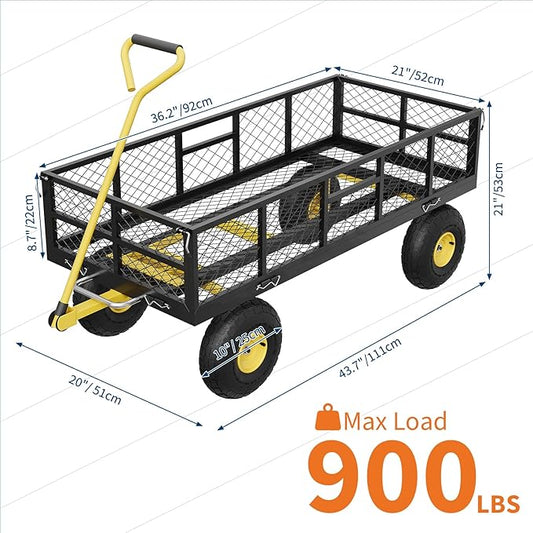 GarveeLife 900 LBS Garden Dump Cart with Removable Sidewalls, Heavy Duty Steel Dump Wagon with 180° Swivel Handle & 10 in Tires, Yard Cart Utility Wheelbarrow for Backyard Farm