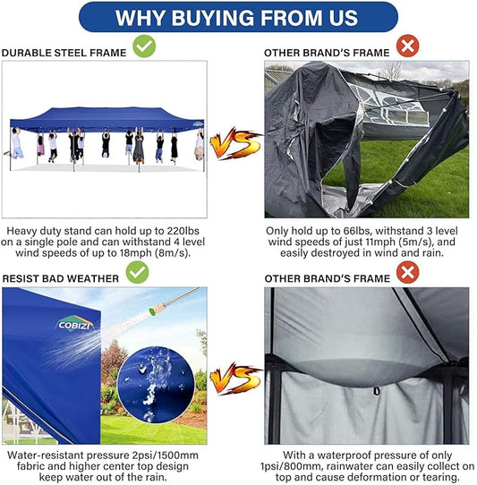 COBIZI 10x30 Pop up Canopy Tent 10x30 Canopy with Sidewall Waterproof Heavy Duty Commercial for Parties Outdoor Garden Gazebo Tent, Carry Bag with Wheel(10x30ft with Sidewalls,Dark Blue)