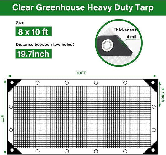 Berlune 3 Pack Clear Greenhouse Heavy Duty Tarp, 8 x 10 ft Clear Waterproof Cover, 14 Mil Plastic Mesh Cover UV Resistant Poly Tarp with Grommets for Gardening, Farming, Nursery Outdoor Event