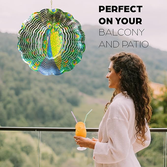 Skylar Peacock Wind Spinner, Stainless-Steel Garden Decor, 3D Wind Decoration with Holographic Effect, Unique 12-Inch Sun Catcher, Foldable Ornament, Support Hook Holes for Hanging, Hooks Not Included