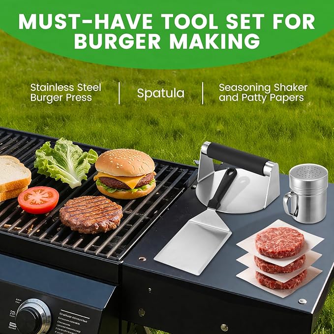 Smashed Burger Press Kit with Stainless Steel Press, Grill Spatula, Seasoning Shaker & Hamburger Patty Papers - Perfect for Blackstone Griddle, BBQs, and Gift Giving