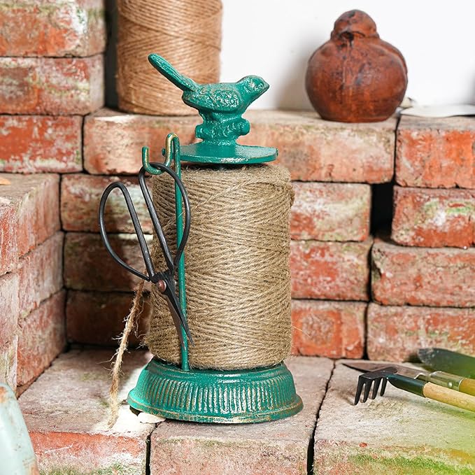 Sungmor Cast Iron Garden Twine Holder Set - 1300ft. Natural Jute Twine String & Rope Rack & Scissors - Decorative & Practical Home Arts Crafts Tools for Picture Display Gift Wrapping Packing Gardening