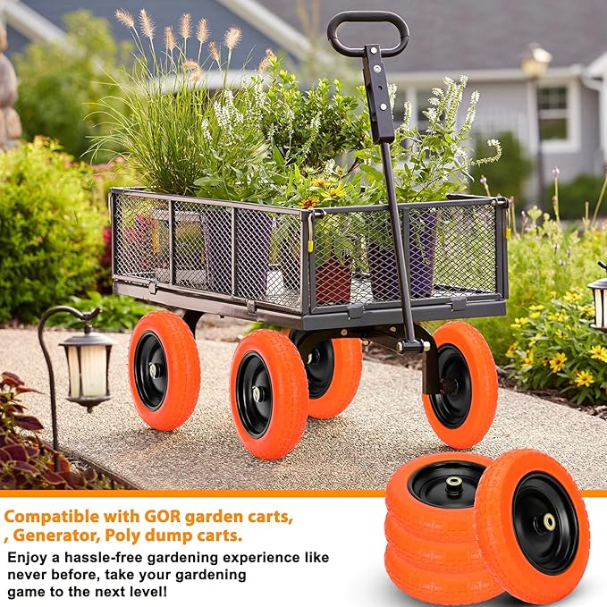 13" Flat Free Wheels Replacement for GOR Garden Cart Tires and Wheels, 4.00-6 Solid Tires and Wheels with 5/8"Bearings, 13" No Flat Wheels for GOR Garden Carts/Hand Trucks/Garden Carts(Orange)