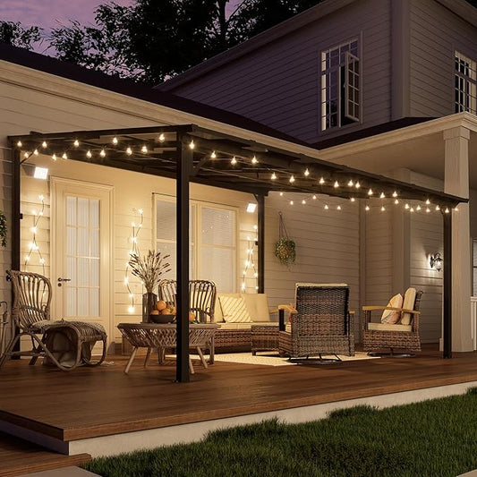 MEISSALIVVE 12' x 14' Wall Mounted Lean to Metal Awning Sloped Roof Patio Backyard Deck, Black