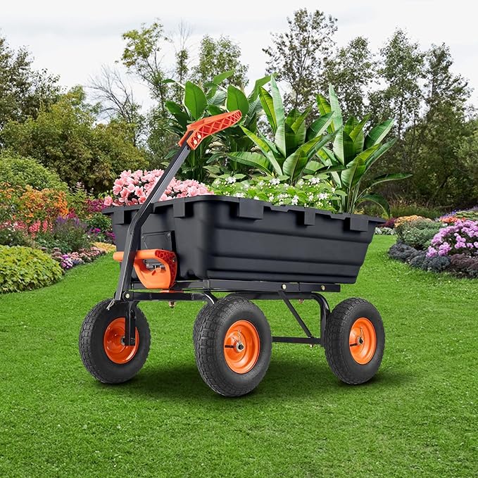 Garvee 800 LBS Poly Garden Dump Cart, Heavy-Duty Wheelbarrow with 10 in Tires, 180° Rotating Handle, Steel Frame and Quick Release System Garden Dump Cart for Soil Plants Gardening Tools Wood