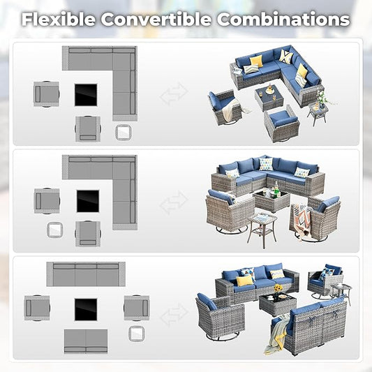 ovios 9 Pieces Patio Furniture Set, Outdoor Wicker Sectional Sofa with 2 Swivel Chairs Coffee Table, Modern Modular Deep Seat Rattan Couch Conversation Sets, Denim Blue