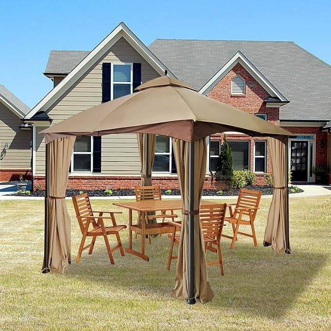Gazebo Universal Replacement Privacy Curtain – Hugline 10' x 10' Gazebo Side Wall Outdoor Privacy Panel with Zipper (Khaki)