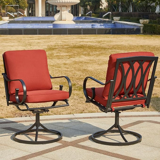 MELLCOM Patio Swivel Chair Set of 6, Heavy Duty Outdoor Dining Chairs with Thickened Cushions, Metal Patio Chairs Gentle Rocker for Outside, Garden Lawn & Porch, Backyard, Red