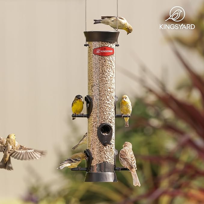Kingsyard 6 Ports Tube Bird Feeder for Outdoors Hanging, Removable Base and Perch, Easy to Clean & Refill, Premium Hard Plastic, Attracting for Finches Cardinals Bluebirds (Black)