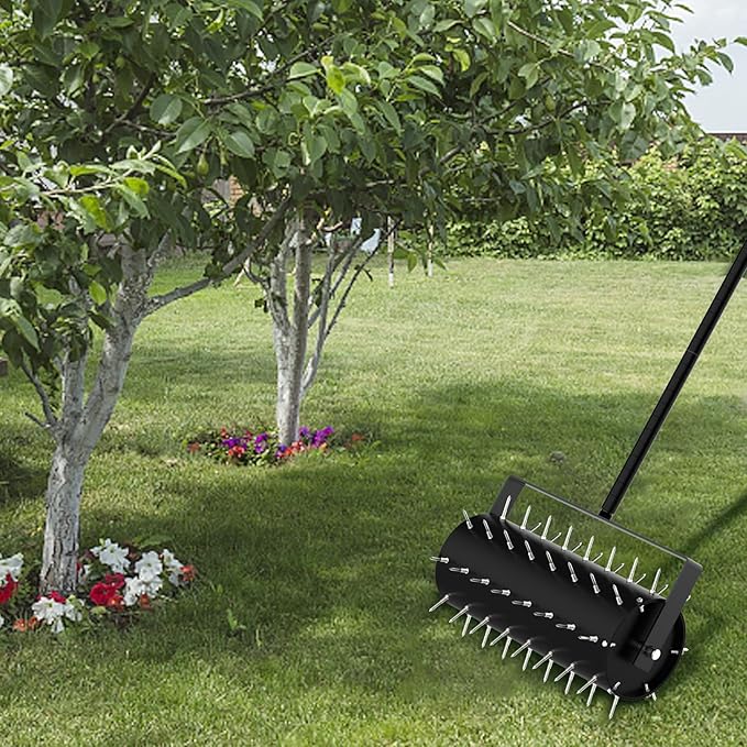 Rolling Lawn Aerator Manual Aeration Tool Heavy Duty Grass Dethatching Aeration Tool with 60 Inch Handle for Yard Garden Lawn Bearing Design, Labor Saving