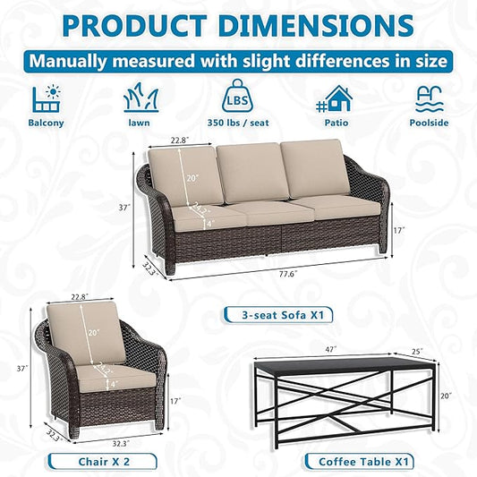 Vista Vibe 4 Pieces Outdoor Patio Conversation Furniture Set - 78" 3-Seat Couch | 2 Chairs | Metal Coffee Table, Rattan Wicker Loveseat Sofa with Washable Cushions, Garden, Deck, Terrace (Beige)