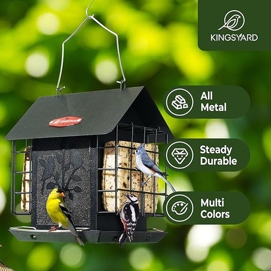 Kingsyard Metal Bird Feeder for Outdoor Hanging, Wild Bird Feeder with Double Suet Cage, Weatherproof Roof and 3 lbs Large Seed Capacity, Black