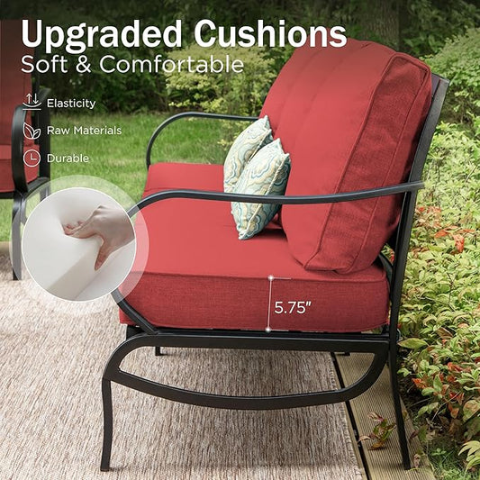PHI VILLA 5 PCS Patio Furniture - Metal Deluxe Patio Set with 1 x 3 Seater Deep Seating Bench, 2 x Swivel Sofa Chairs & 2 x Metal Cushioned Ottoman, Outdoor for Garden, Red