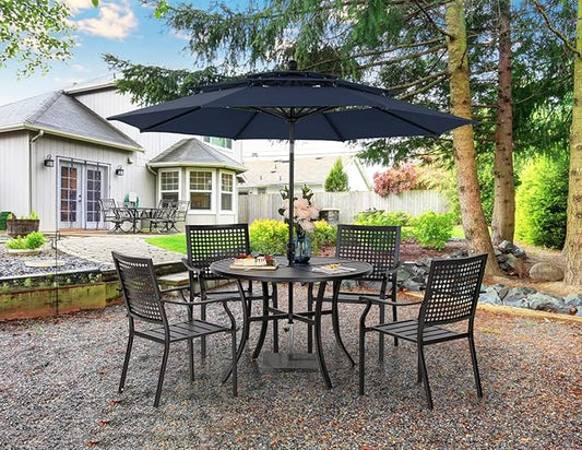 PHI VILLA 5 Pieces Patio Dining Set with 10ft Patio Umbrella, Metal Patio Circle Table Outdoor Stackable Wrought Iron Chair Set of 4 & 42" Large Round Dining Table,3 Tier Vented Dark Blue Umbrella
