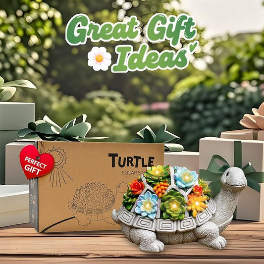 Nacome Garden Outdoor Statues Turtle with Succulent and 7 LED Lights - Lawn Decor Tortoise Statue for Patio, Balcony, Yard Ornament - Unique Housewarming Gifts