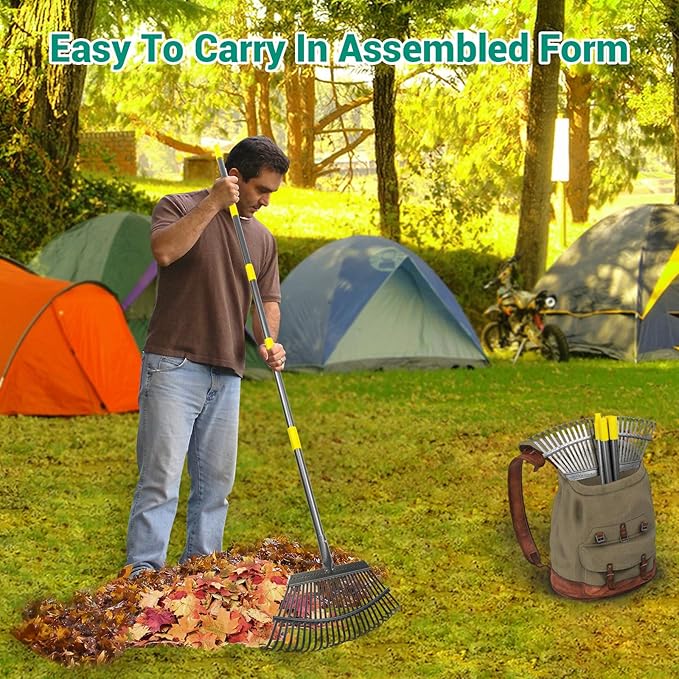Adjustable Garden Rake for Leaves 36-73" Long Handle, 18" Wide, Heavy Duty with 25 Metal Tines ,Includes 32Gallon Leaf Bags,Designed for Lawns, Grass, Shrubs ,Flower Beds