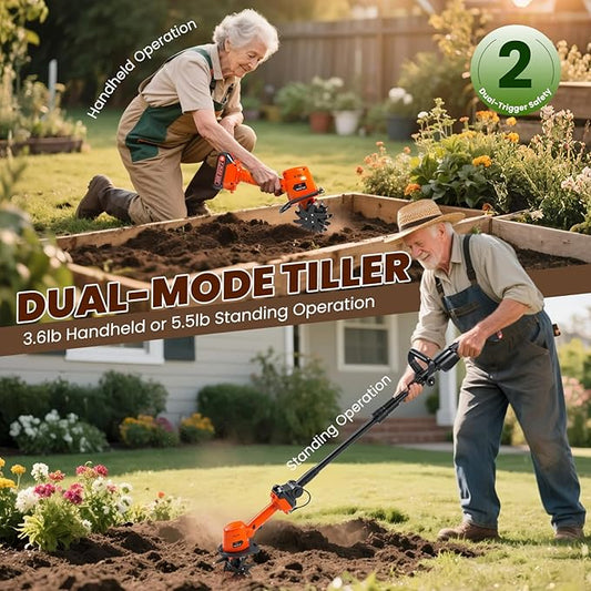 NEWTRY Cordless Electric Tiller Handheld & Extended Rod Dual Modes, 4'' Tilling Depth & Width, with 2x1500mAh Batteries for Small Scale Garden, Raised Beds