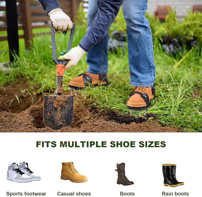 Lawn Aerator Shoes for Grass Spikes Aerator Lawn Shoes for Patio/Yard/Garden Heavy-Duty Spiked Sandals with Adjustable Loop Straps Stainless Steel Black