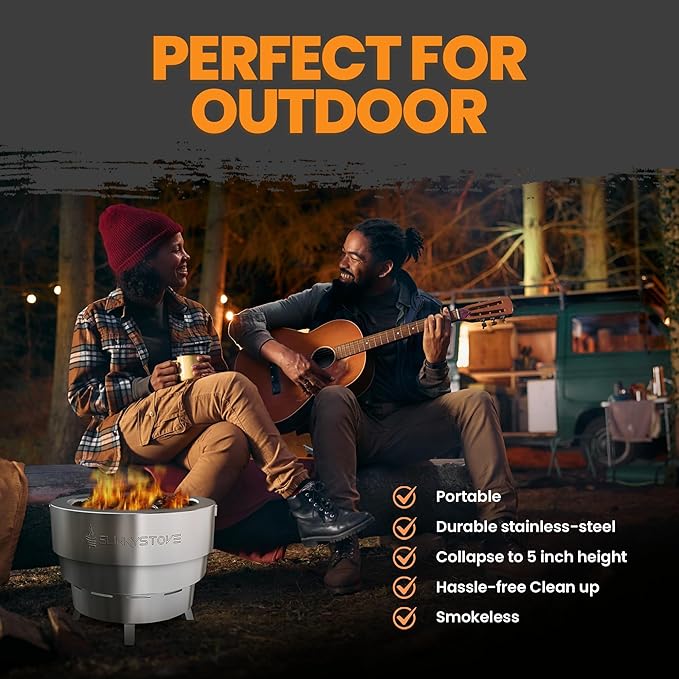 Slinky Stove Smokeless Fire Pit for Outdoor Wood-Burning - 17-Inch Patented Collapsible Firepit with Cooking Grill - Portable Stainless Steel Solo Pit for Camping, Backyard, Patio Bonfires