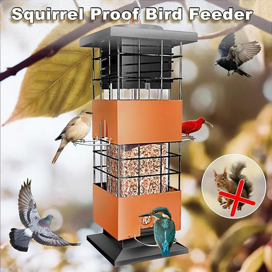 Squirrel Proof Bird Feeders for Outdoors Hanging, Large Capacity 3.5Lbs Bird Feeders with 4 Feeding Ports, Metal Gravity Protection Birds Feeder for Outside, Cardinal, Sparrow, Finch, Brown