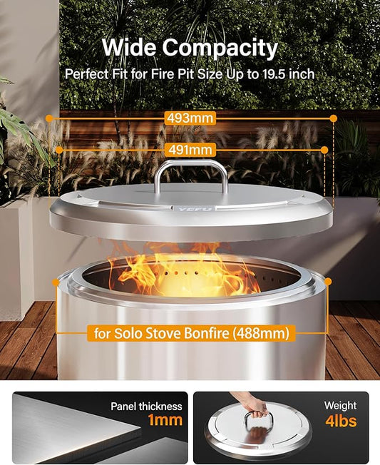 YEFU Fire Pit Lid for Solo Stove Bonfire 19.5 Inch, Portable 304 Stainless Steel Cover Accessory for 19" Outdoor Firepit, Waterproof Anti-Dust and All-Weather Resistant
