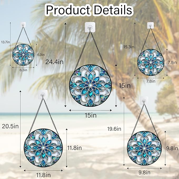 Stained Glass Window Hanging - Blue White Abstract Flowers Suncatcher for Door Terrace Garden Home Decor Boho Sun Catcher Birthday Gifts for Lovers Women Men Dad Mom Nana 6.3 in