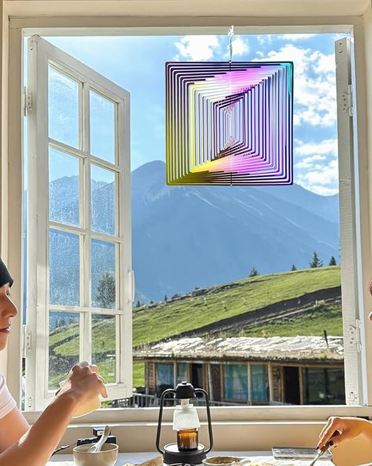 3D Square Wind Spinner - Flowing Light Effect, Purple-Green Gradient Metal Spinner for Outdoor Garden Decor, Unique Gift for Mom & Women