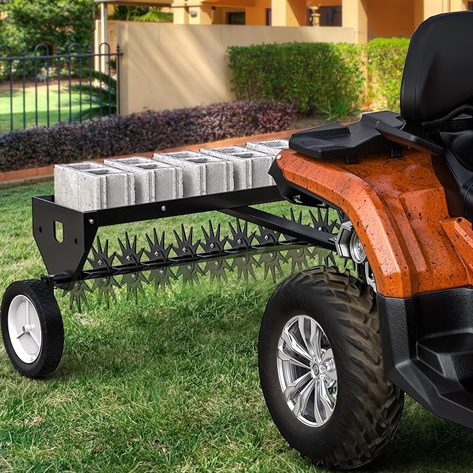 YITAMOTOR 40" Tow Behind Spike Aerator, Durable Lawn Aerator for Soil Penetrator with Transport Wheels & Galvanized Plug Coring Tines & Universal Hitch Tow Bar & Side Control Handle for ATV,Black