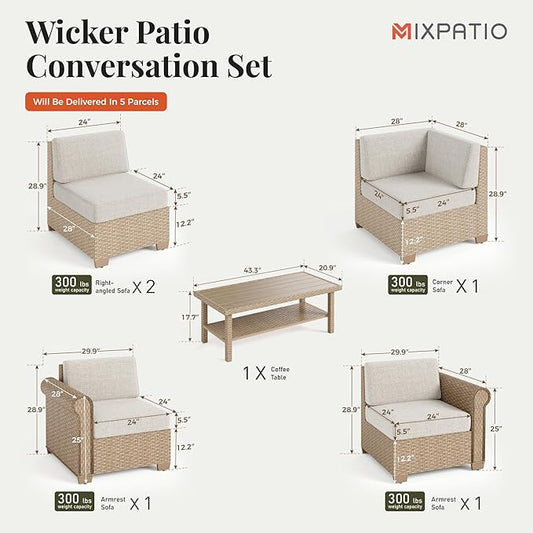 Patio Furniture Set, 6 Piece Outdoor Rattan Wicker Sectional Conversation Set with 5.5" Thick Waterproof Cushions and Coffee Table for Deck Backyard