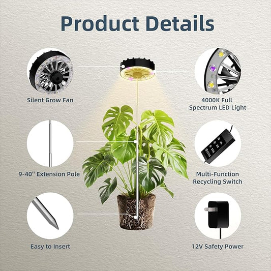 Halo Grow Lights for Indoor Plant, 40'' Height Adjustable Plant Grow Lights with Fan, Full Spectrum Led Plant Lights for Indoor Growing with Timer and 3 Levels Dimmable for Small/Medium Plants,3 Packs