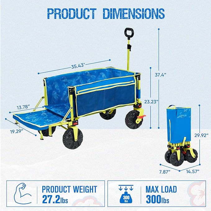 Old Bahama Bay 550lbs Extra Long 49" L Beach Wagon with Big Wheels with Brake for Sand, Collapsible Utility Beach Cart Heavy Duty Folding Wagon,Ideal for Outdoor Sand Camping Garden Pet