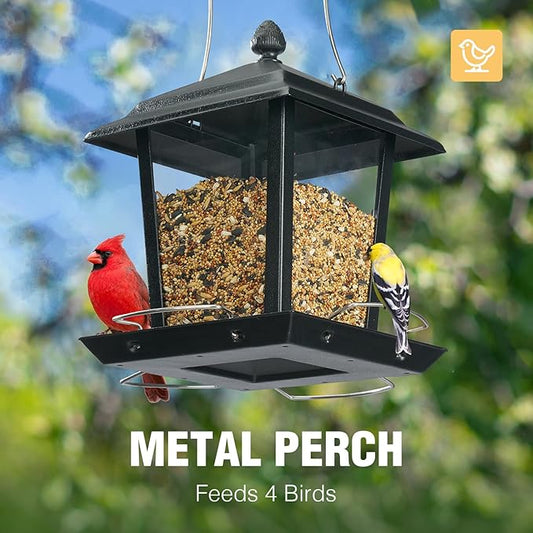 Veehoo Metal Bird Feeder for Outdoor Hanging-Wild Bird Feeder with 4 Perches, Guard Booth Bird Seed Feeder for Outside Garden Backyard Attracting Wild Birds Chickadees Cardinals Finches Black
