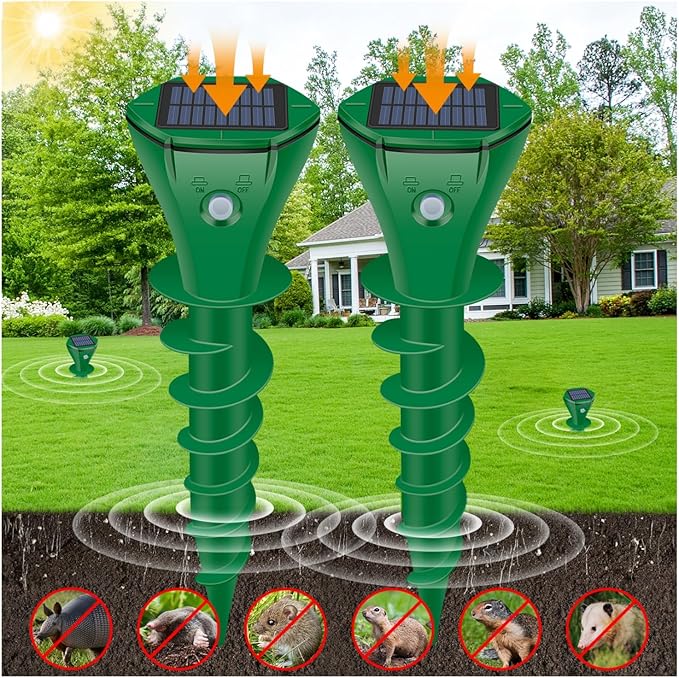 Mole Repellent Solar Powered Ultrasonic, Gopher Repellent Outdoor for Lawn Garden Yard,Waterproof Mole Killer Traps,Sonic Spikes Get Rid of All Pests Gopher Vole Groundhog Chipmunk Snake, 2 Pack-Green