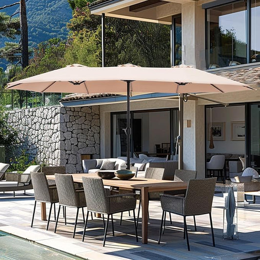 GREEN PARTY 15 ft Rectangle Patio Umbrella with Base Included, Double-Sided Table Umbrella with Crank, Large Outdoor Umbrellas for Patio Poolside Garden Backyard, Beige