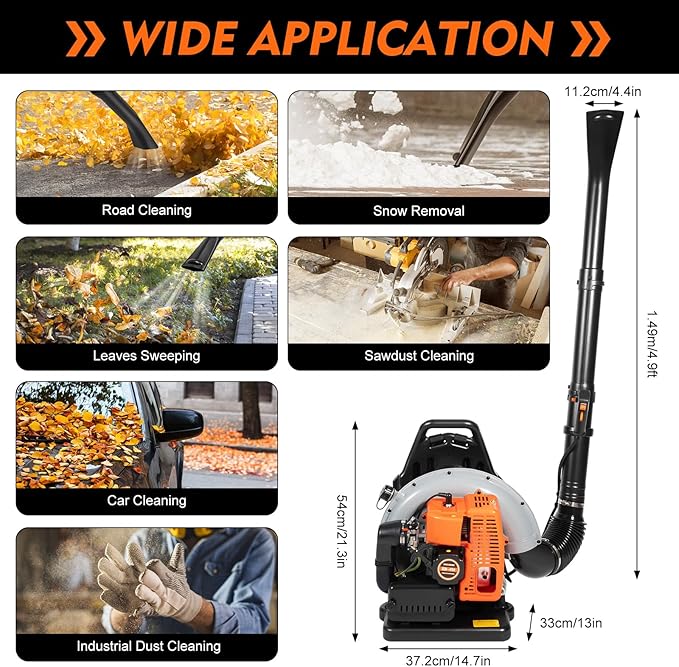 Backpack Gas Powered Leaf Blower, Commercial 2.7kW 850CFM 63CC 4.3HP 2-Stroke Powerful Lightweight Gasoline Grass Lawn Blower w/Harness Air-Cooled & 1.8L Fuel Tank for Yard Lawn Care, Snow Removal