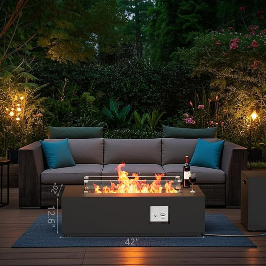 42" Outdoor Fire Pit Table, 50,000 BTU Gas Fire Pit with Glass Windshield, Rocks, Waterproof Cover, Propane Fire Pit Table for Outside Patio (Black, 42 inch)