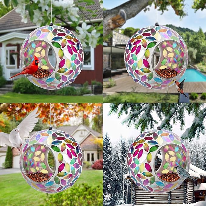 Yinns Bird Feeder - Mosaic Glass Birds Feeder Outside Hanging, Fly Through Bird Feeder with Oval Stained Glass, Outdoor Garden Decor, 6.5 inch Colorful