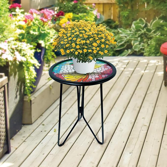 HONGLAND Outdoor Side Table, Small Mosaic Patio Table, 12" Round Metal Side Table End Table, Glass Plant Stand, Small Bistro Coffee Table Plant Stand for Garden Yard Porch Living Room(Hummingbird)