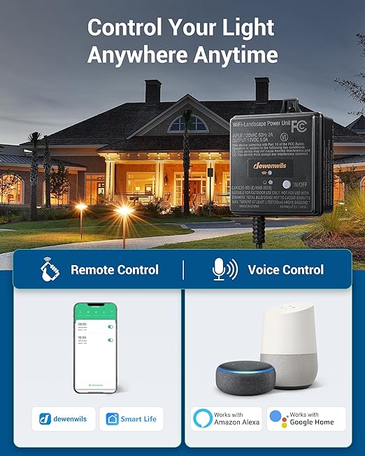 DEWENWILS 60W WiFi Low Voltage Transformer, 120V AC to 12V DC, Smart Outdoor Low Voltage Landscape Transformer with Timer, Work with Alexa & Google Home, Weatherproof for Landscape Lights, FCC Listed