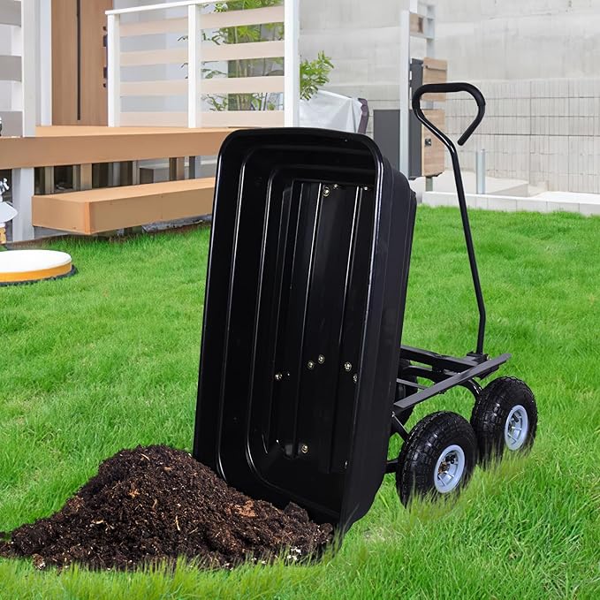 AAIN Heavy Duty Garden Cart with 10" Pneumatic Plastic Tires, 600LB Capacity, 180° Rotating Handle & Quick Release System, Black 4 Cu.Ft Poly Dump Wagon for Yard, Outdoor, Beach, Home