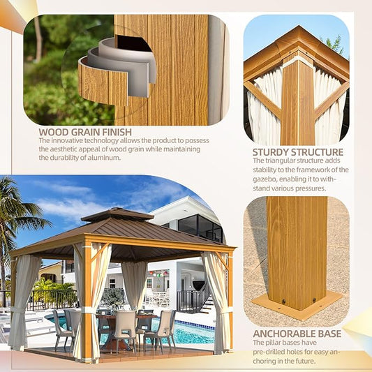 YOLENY 12' x 12' Hardtop Gazebo, Wood Grain Aluminum Frame Canopy with Galvanized Steel Double Roof, Outdoor Patio Gazebo with Netting and Curtains for Backyard, Patio, Lawns