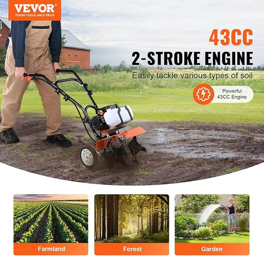 VEVOR Tiller Cultivator Gas Powered, 43CC 2-Stroke Garden Cultivator, Tiller with 4 Steel Adjustable Front Tines for Lawn, Garden and Field Soil Cultivation