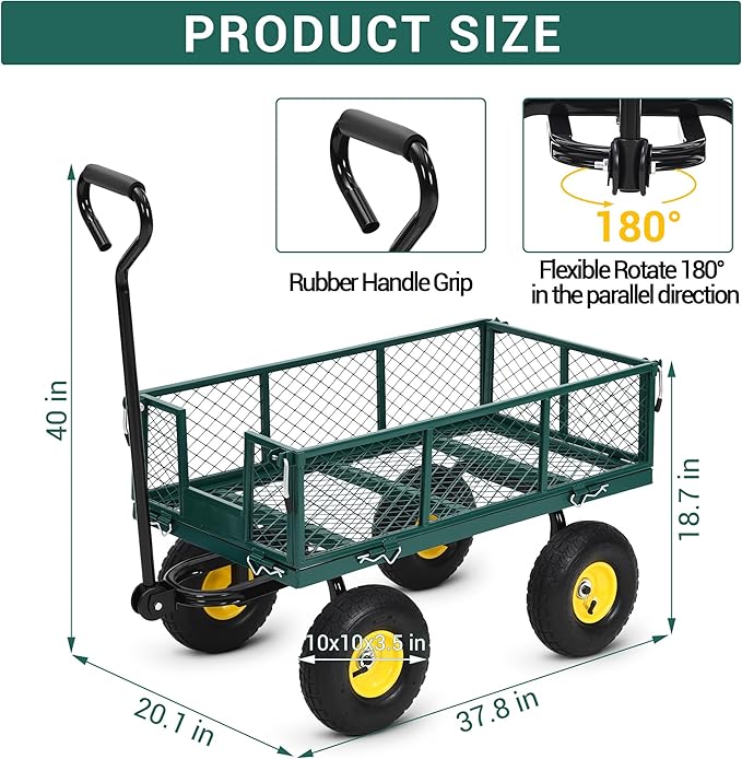 Heavy Duty Garden Cart On Wheels - 880LBS Metal Wagon with 10" Pneumatic Wheels, 180° Rotating Handle & Removable Sides - All-Terrain Yard Wagon for Farm, Beach & Outdoor Use