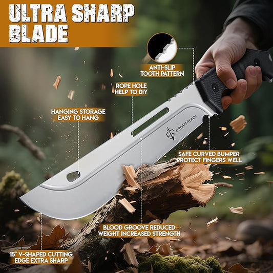 Dream Reach Heavy Duty Machete - Portable Full Tang Outdoor Survival Knife with Sheath Strap for Camping Hiking Gift for Men 9.8 Inches