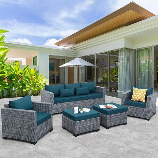 Patio Furniture Set, 5-Piece Outdoor Wicker Conversation Set with All-Weather PE Rattan, Anti-Slip Cushions & Ottomans, Sectional Sofa for Patio, Balcony & Deck, Peacock Blue