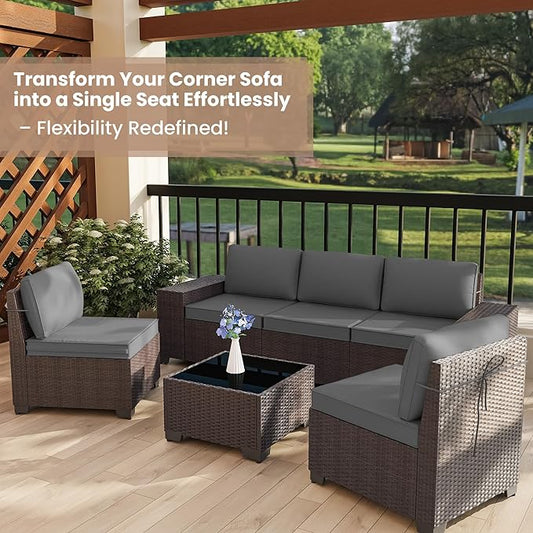 Outdoor Patio Furniture Set, 6 Pieces Outdoor Furniture All Weather Patio Sectional Sofa PE Wicker Modular Conversation Sets with Coffee Table,5 Chairs & Seat Clips (Grey)