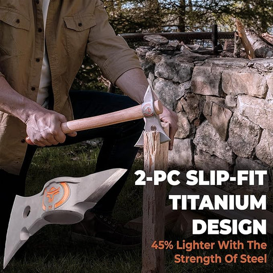 Titanium Camp Axe - 18" & 11.5" Wood Hickory Handles - Tomahawk Axe Spike End - 2-Piece Slip-Fit Design - Includes Blade Sheath and 2 Handles - Survival Axe