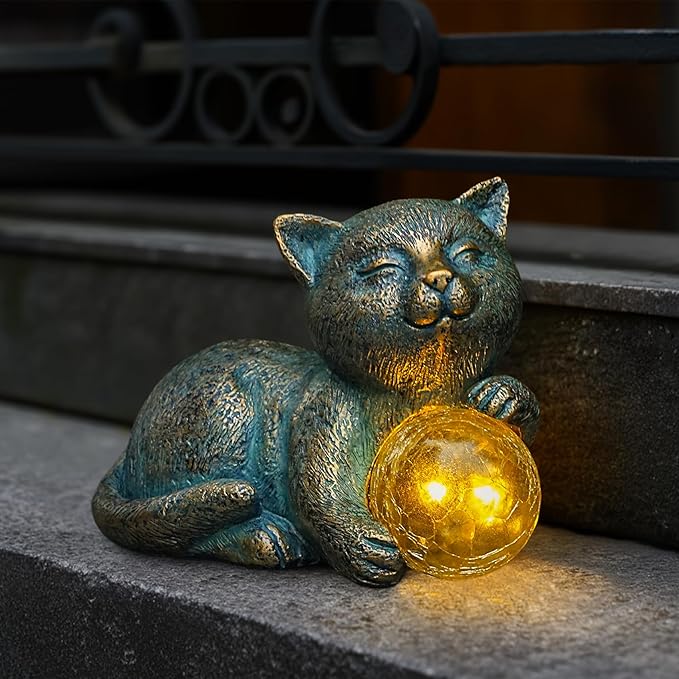 MININOVA Solar Garden Cat Statue with LED Light Ball Cat Figurine Outdoor Decor in Yard, Patio, Balcony, Perfect Housewarming, Birthday, for Women, Mom, Grandma