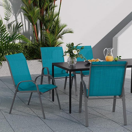 Patio Dining Chairs Set of 4, Stackable Dining Chairs High Back, Breathable Seat Fabric and Alloy Steel Frame Fit Backyard, Porch, Lawn,Poolside (Sky Blue)