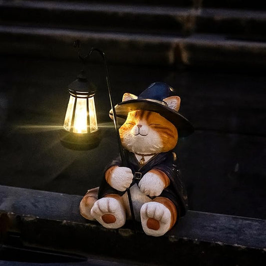 Decorative Solar Wizard Cat Lantern Garden Statue, Outdoor Figurine Light with Black Metal Lamp Post for Garden Decoration Outdoor Decor